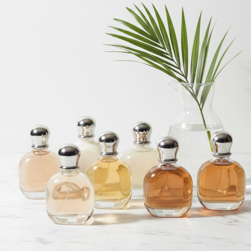 Aromas de Cali fragrances in glass bottle with silver caps on a white surface with a plant in the background