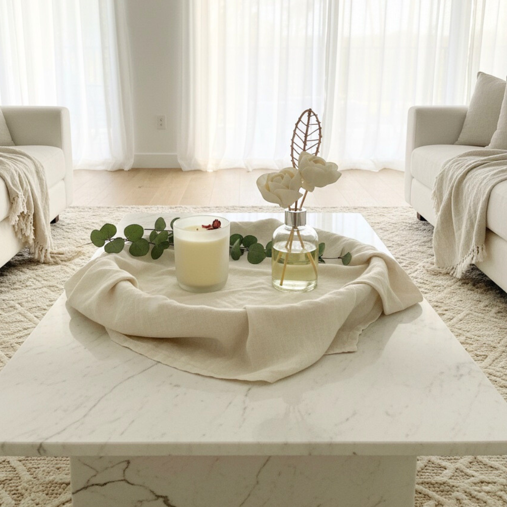 California style home with a frosted glass wooden wick candle and floral reed diffuser from Cali Love Boutique.
