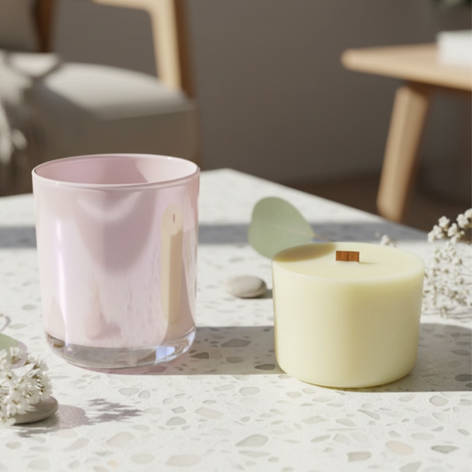 Pink glass and candle refill on a textured surface with blurred background