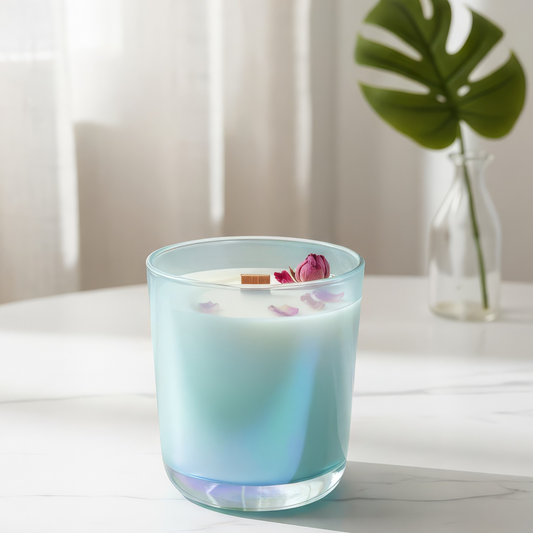 wooden wick candle with a blue iridescent glass on a white surface, accompanied by a vase with green leaves.