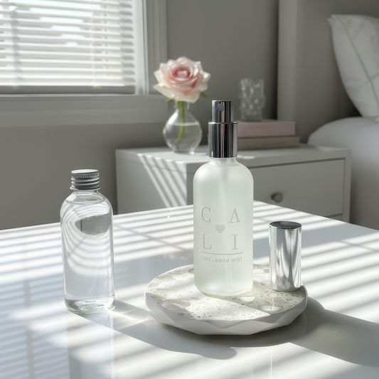 frosted mist botttle with spray cap on a luminous stones with a refill bottle next to it.