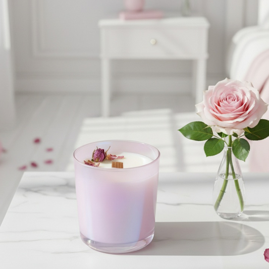 rose glow aura pink iridescent glass with pink roses and wooden wick candle