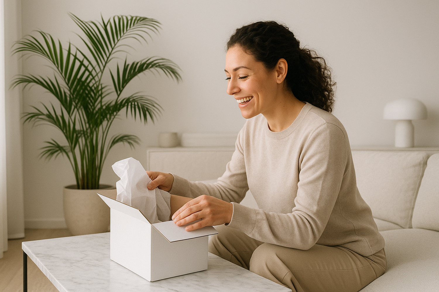 a woman is sitting in a modern living mostly white with neutrals in the background, a potted palm tree is in the background and she has a gift box on her marble coffee table and she is about to open a white shipping box and is very happy with what she sees just from the opening the box. add tissue paper peeking out the top of the opened box.