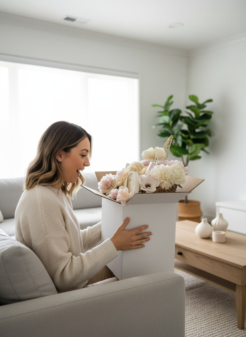 Woman opening a gift box of a floral gift basket and she's surprised sitting in a living room