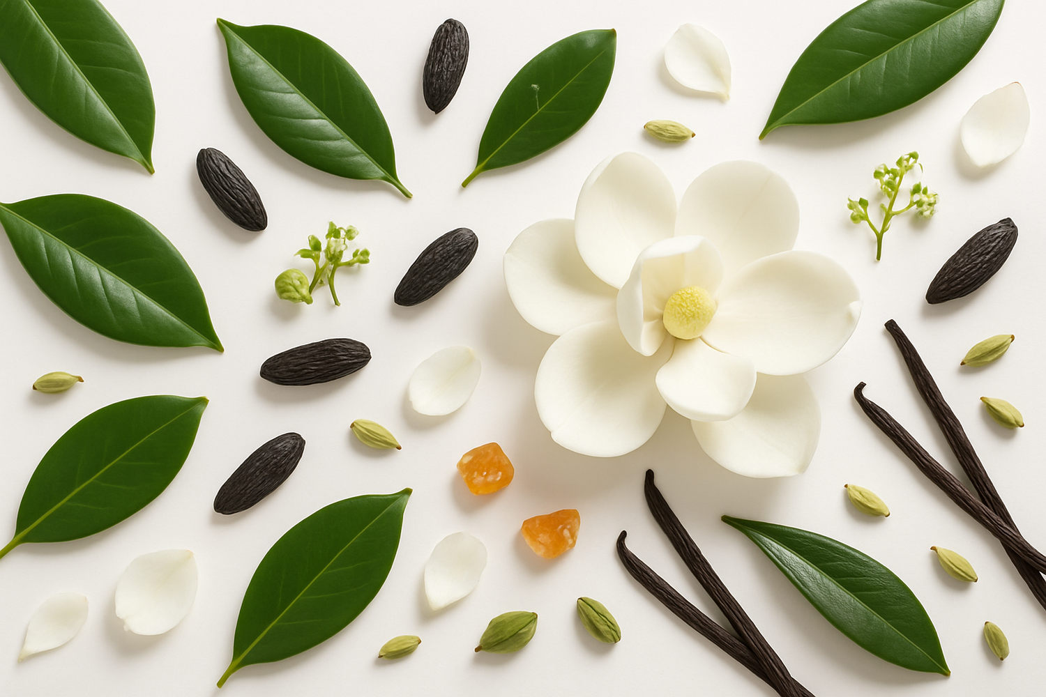 Afternoon Rainfall fragrance that's earthy and bright made out of Magnolia Leaf & Tonka, with Bergamot, Cardamom, Black Pepper, White Rose, Amber, and Vanilla 