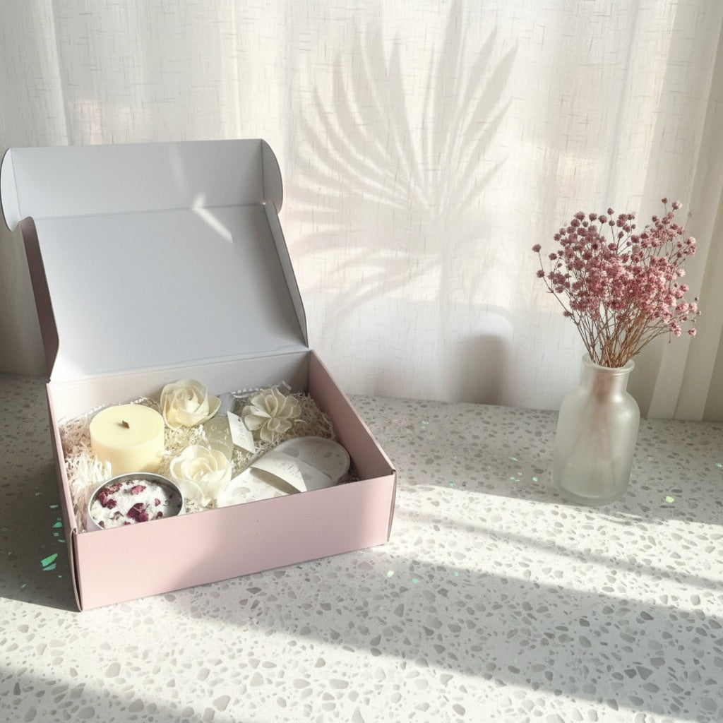 Open subscription box on counter with frosted glass vase and pink flowers with linen curtains in the background