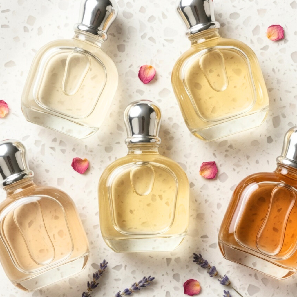 Five perfume bottles with silver caps on a textured surface with flowers and lavender leaves.