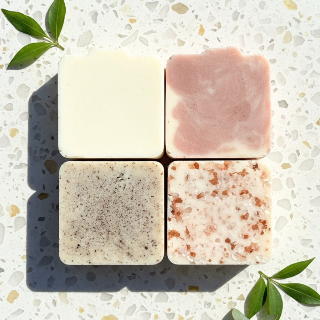 Four different colored soap bars on a speckled surface with green leaves.
