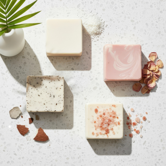 Four different bars of soap on a textured surface with decorative elements.