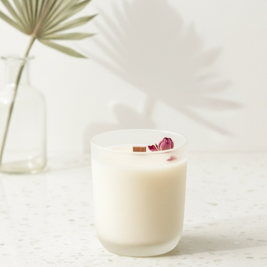 Cali dream, white frosted candle with a wooden wick and rose on terrazzo surface, with a blurred background
