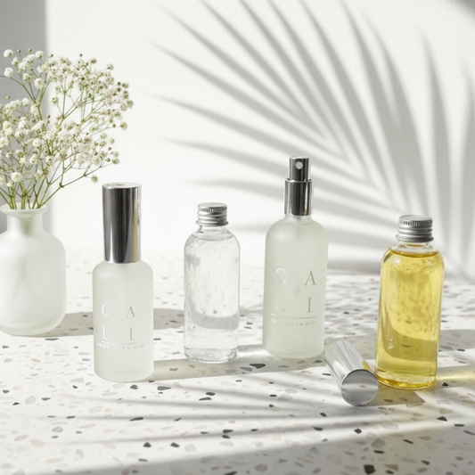 Set of body and room mist refill bottles with silver caps on a marble surface with a white background