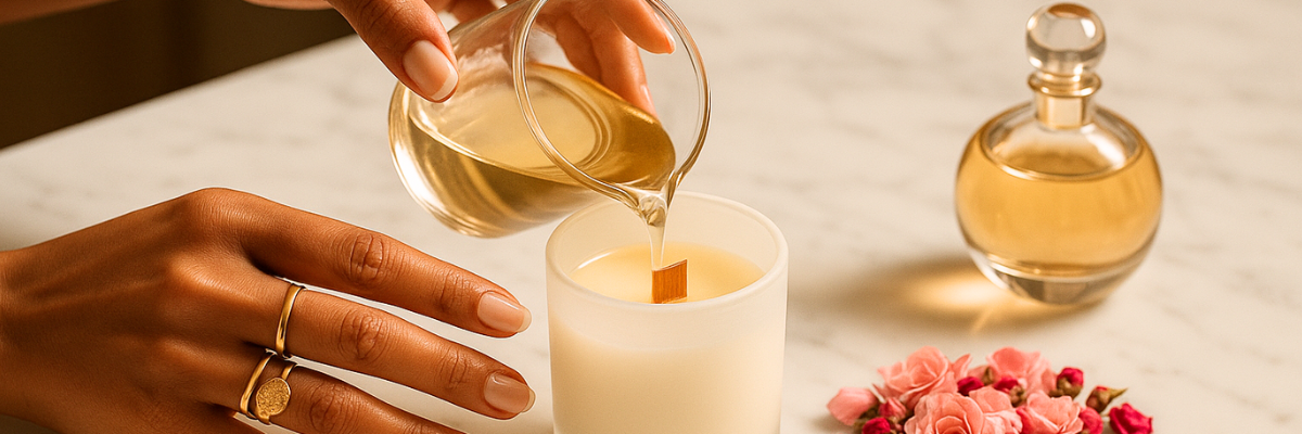 Person pouring liquid wax from a glass bottle into a candle with flowers on the side and a clear glass bottle of fragrance in the background.