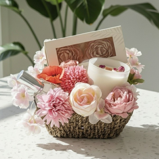 Decorative floral gift basket with flowers, a candle, and a card on a light surface.