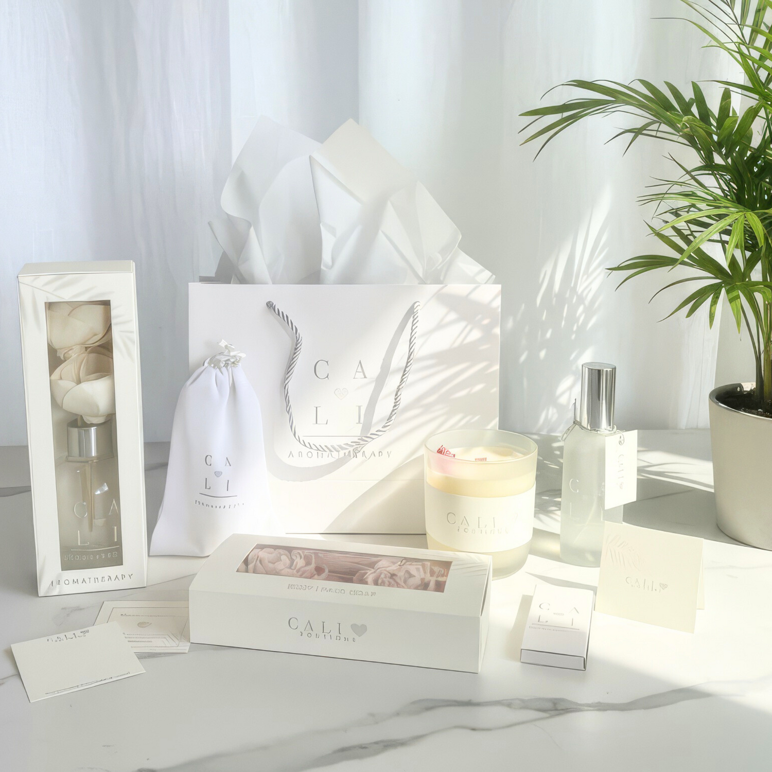 Brand product packaging of boutique shopping bag and linen packaging and velour bag on a marble surface with a plant in the background