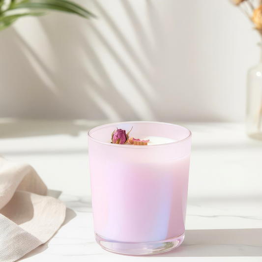 rose glow aura light pink iridescent candle with dried flowers on a white surface