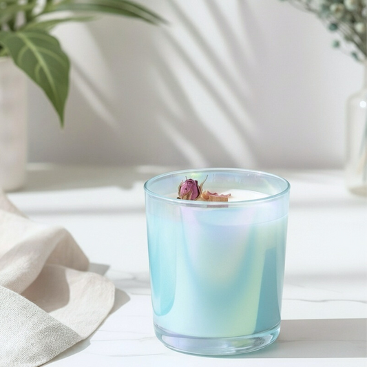 seaside iridescent glass candle with dried flowers on a white surface with a plant in the background