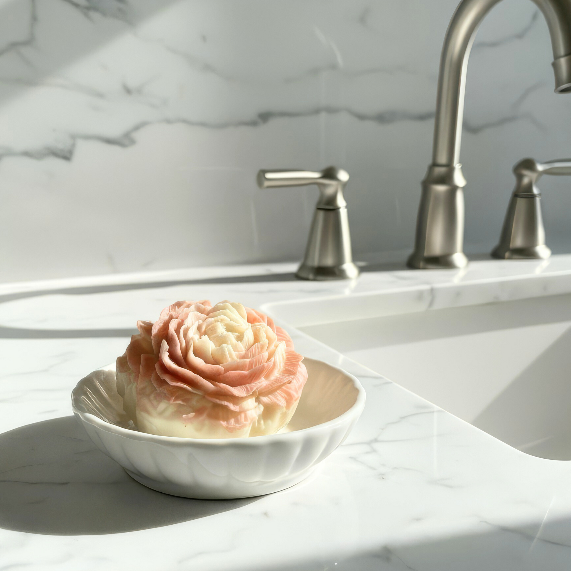 rose clay peony-shaped soap in a white dish on a marble countertop with a sink and faucet in the background.