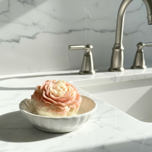 rose clay peony-shaped soap in a white dish on a marble countertop with a sink and faucet in the background.