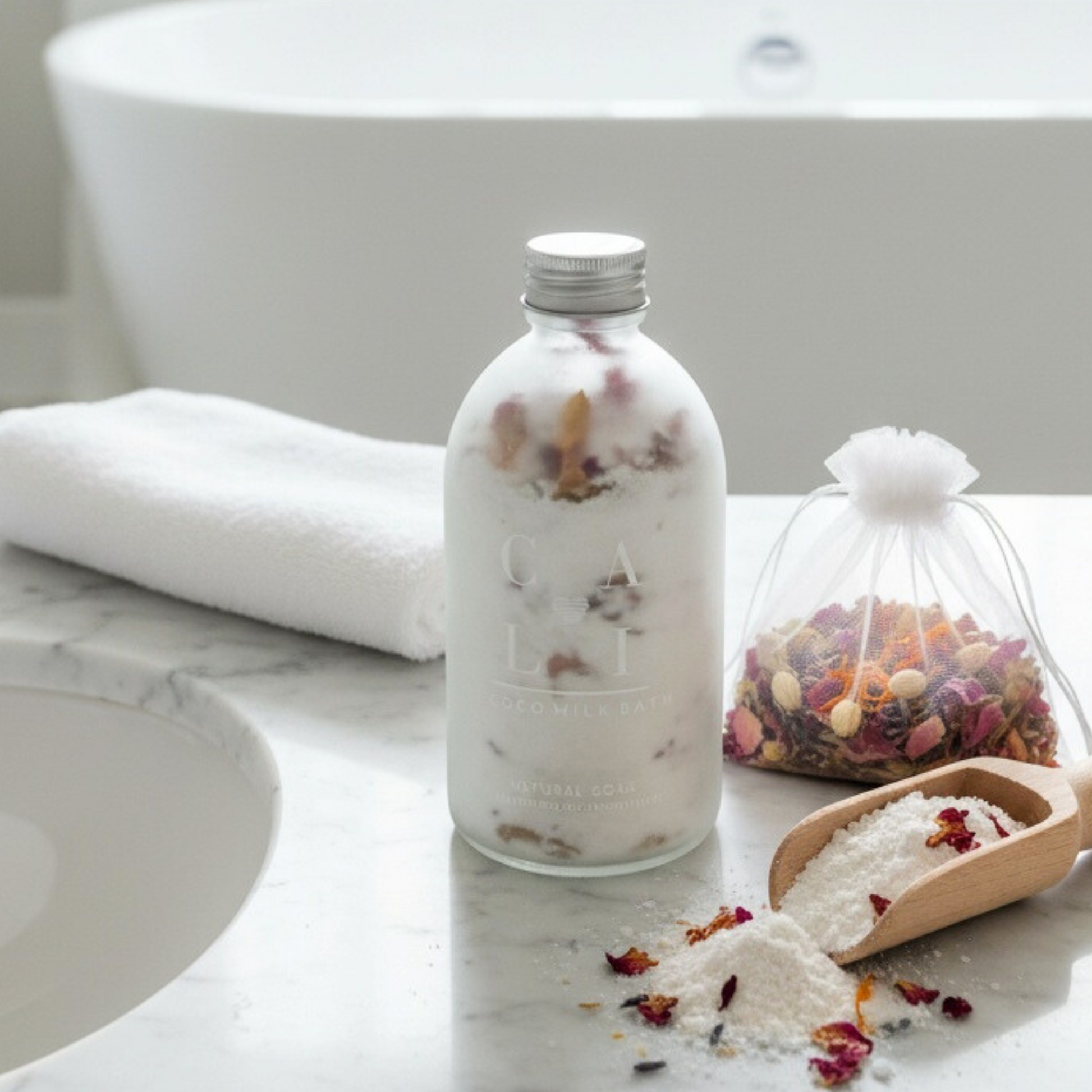 Bottle of bathmilk with a scoop and bag and bag of dried flowers on a bathroom counter