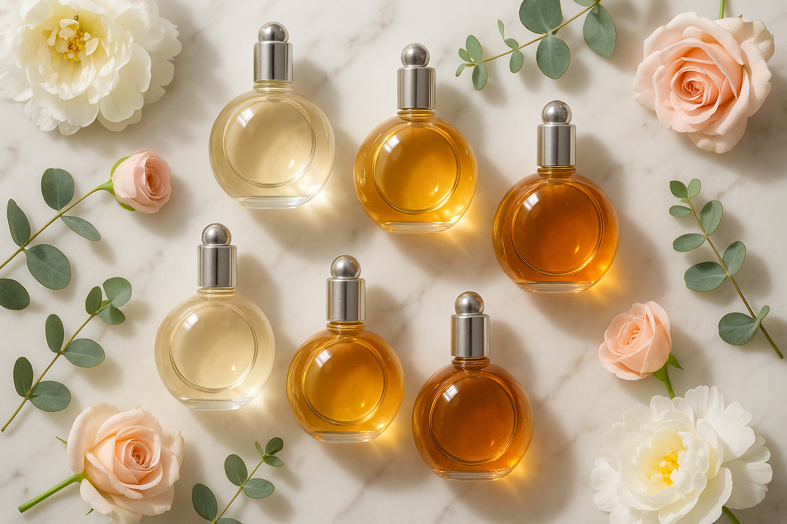 clear glass bottle with silver top as a flatlay with roses and greenery around it