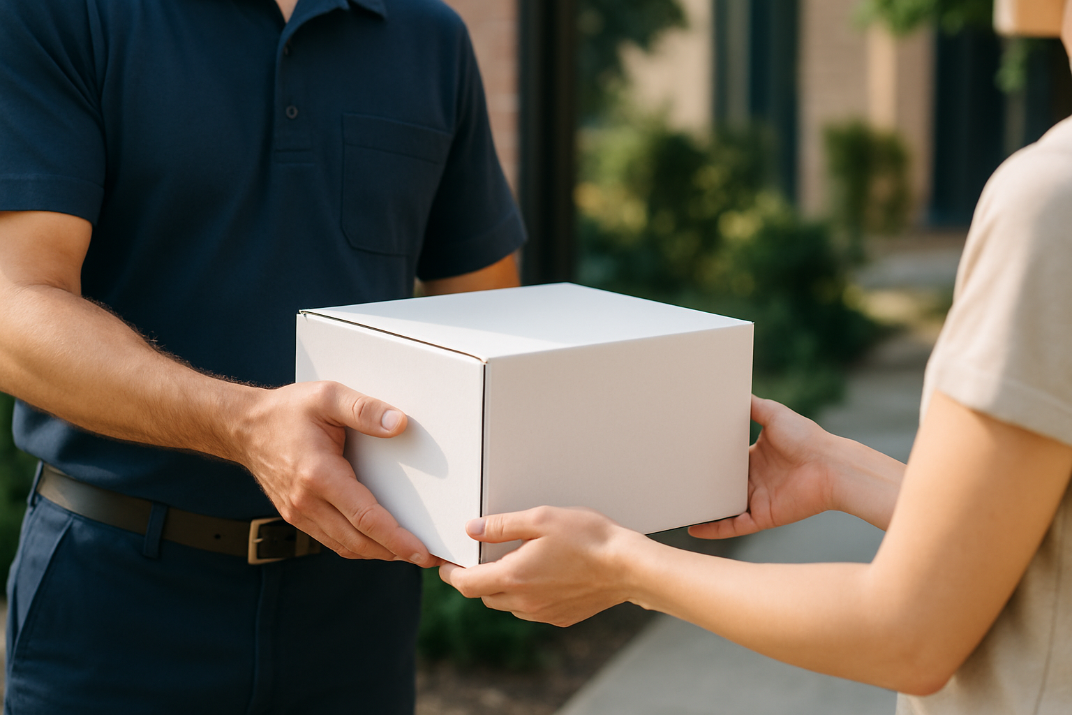 Mailman handing over a shipping box with a floral gift basket inside